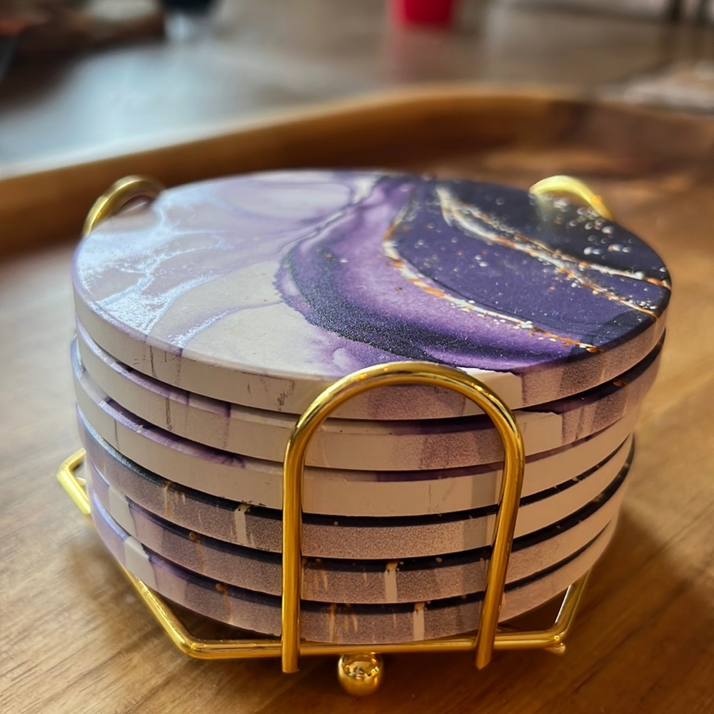 Lavender/purple Marbleized coaster. Set of six with gold coaster holder